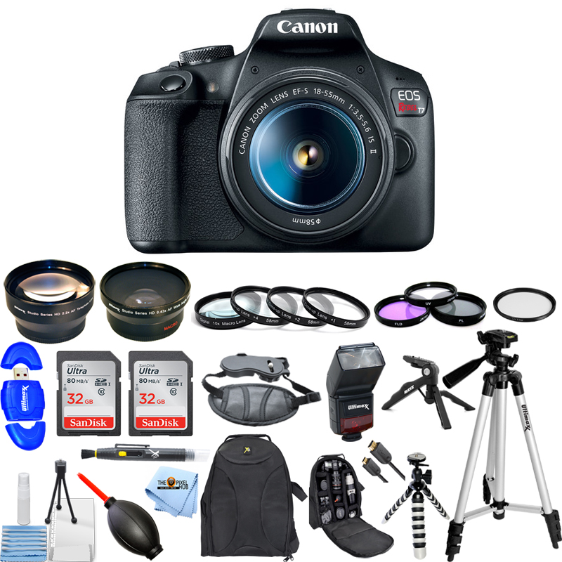 Canon EOS Rebel T7 Camera 3 Lens Kit 1855mm + 32GB + Flash Top Value
