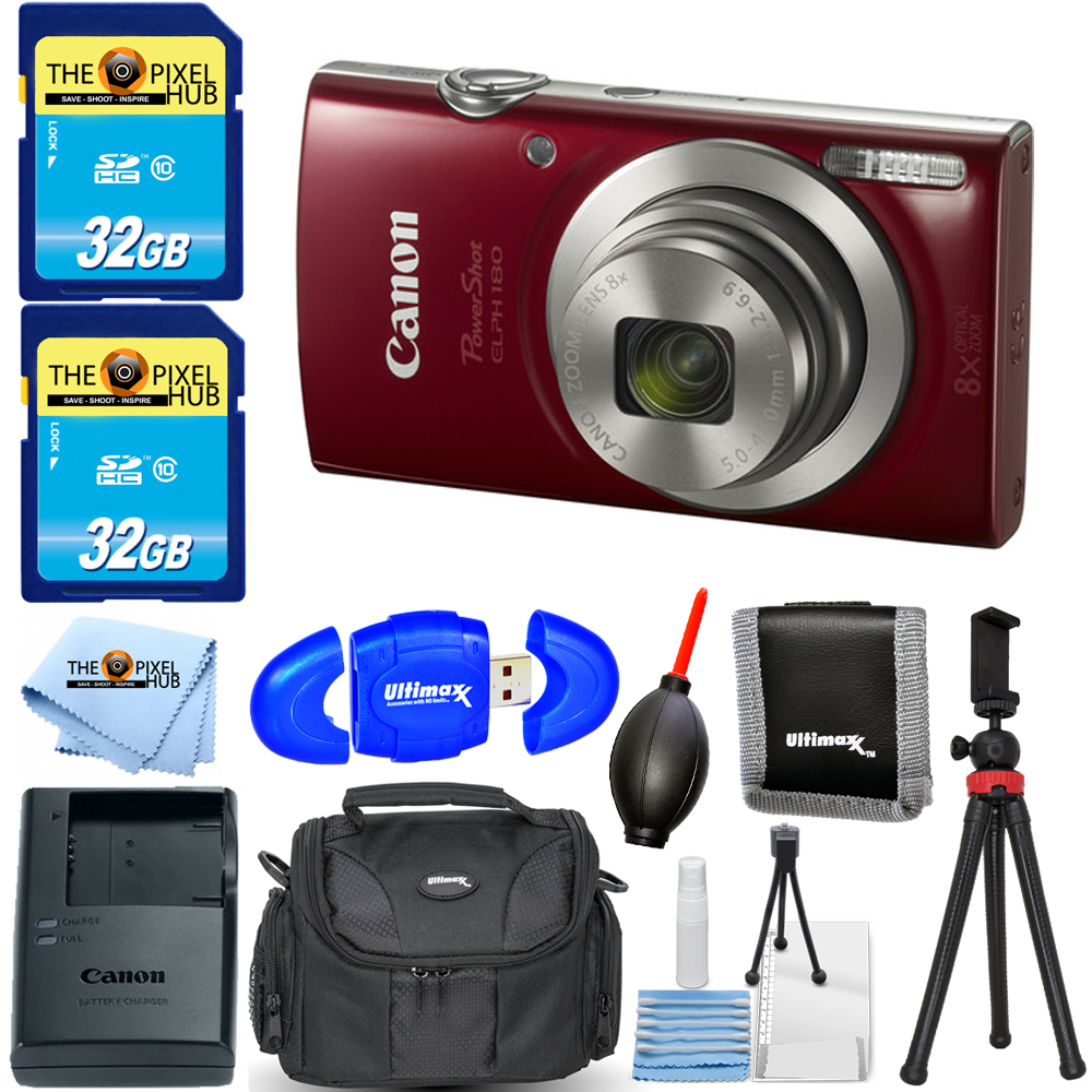 Canon PowerShot ELPH 180 Digital Camera (Red) + 64GB + Case + Tripod