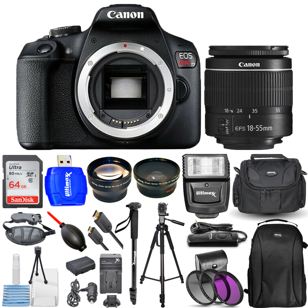 Canon EOS Rebel T7 with 1855mm III Lens + 64GB Extra Battery Flash