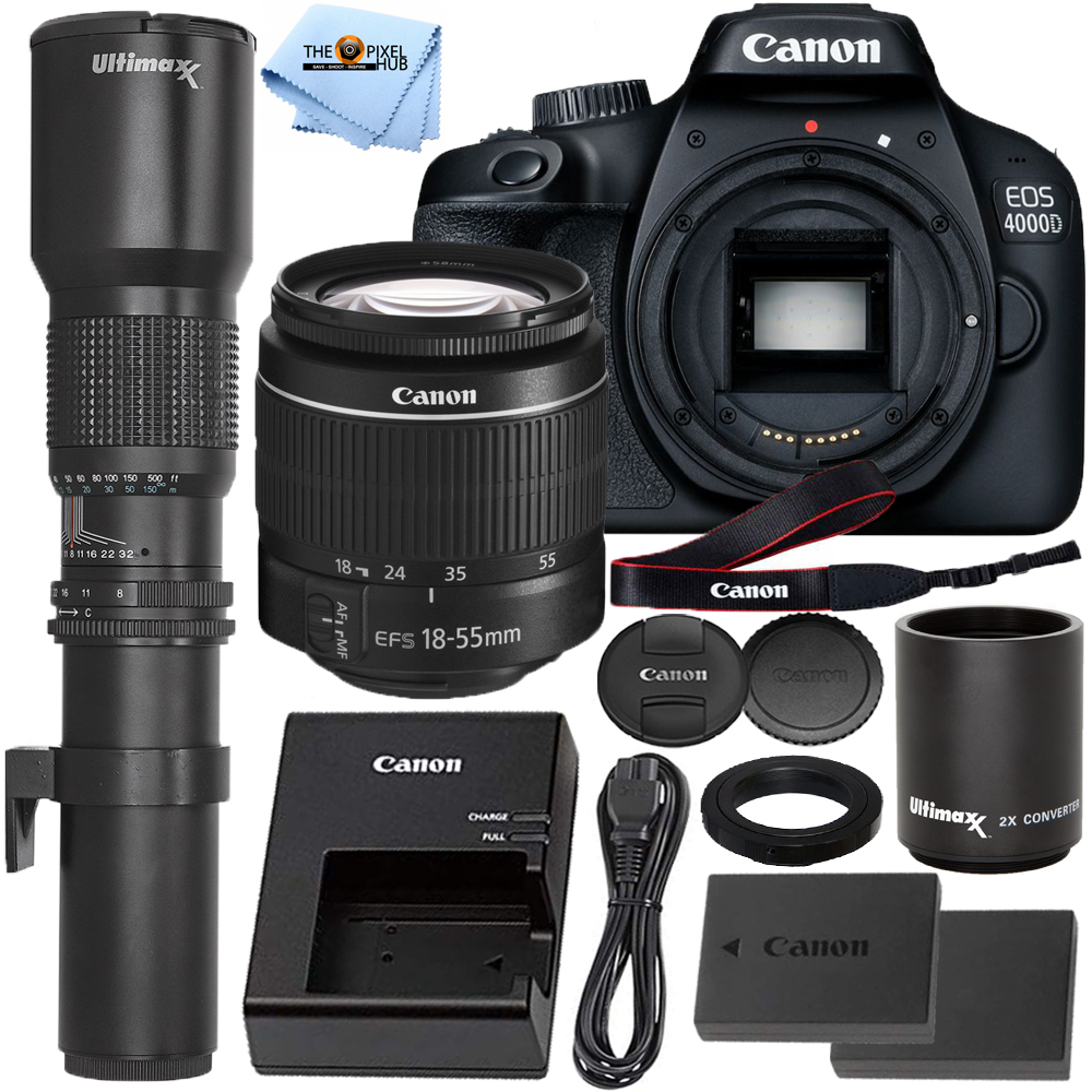 Canon EOS 4000D / Rebel T100 with EF-S 18-55mm III Lens + 500mm/1000mm