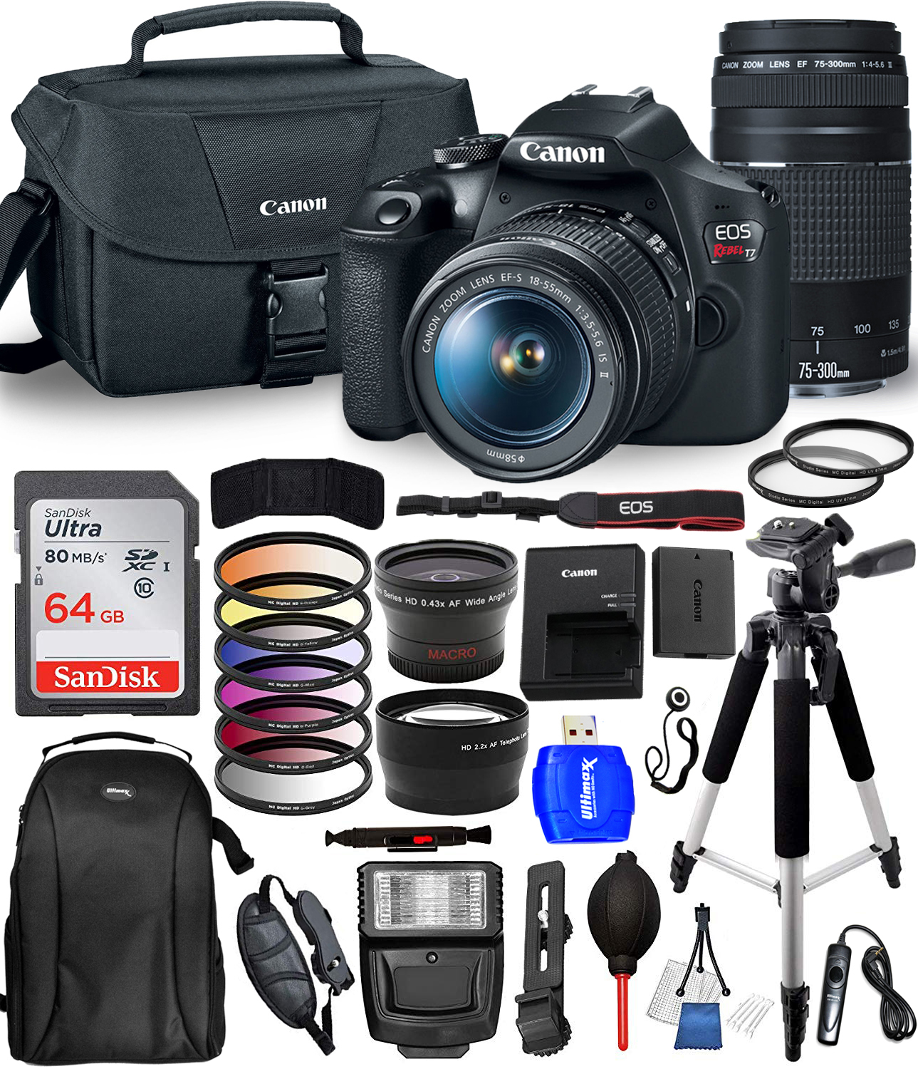 Canon EOS Rebel T7 Camera 1855mm + 75300mm Top Value Bundle