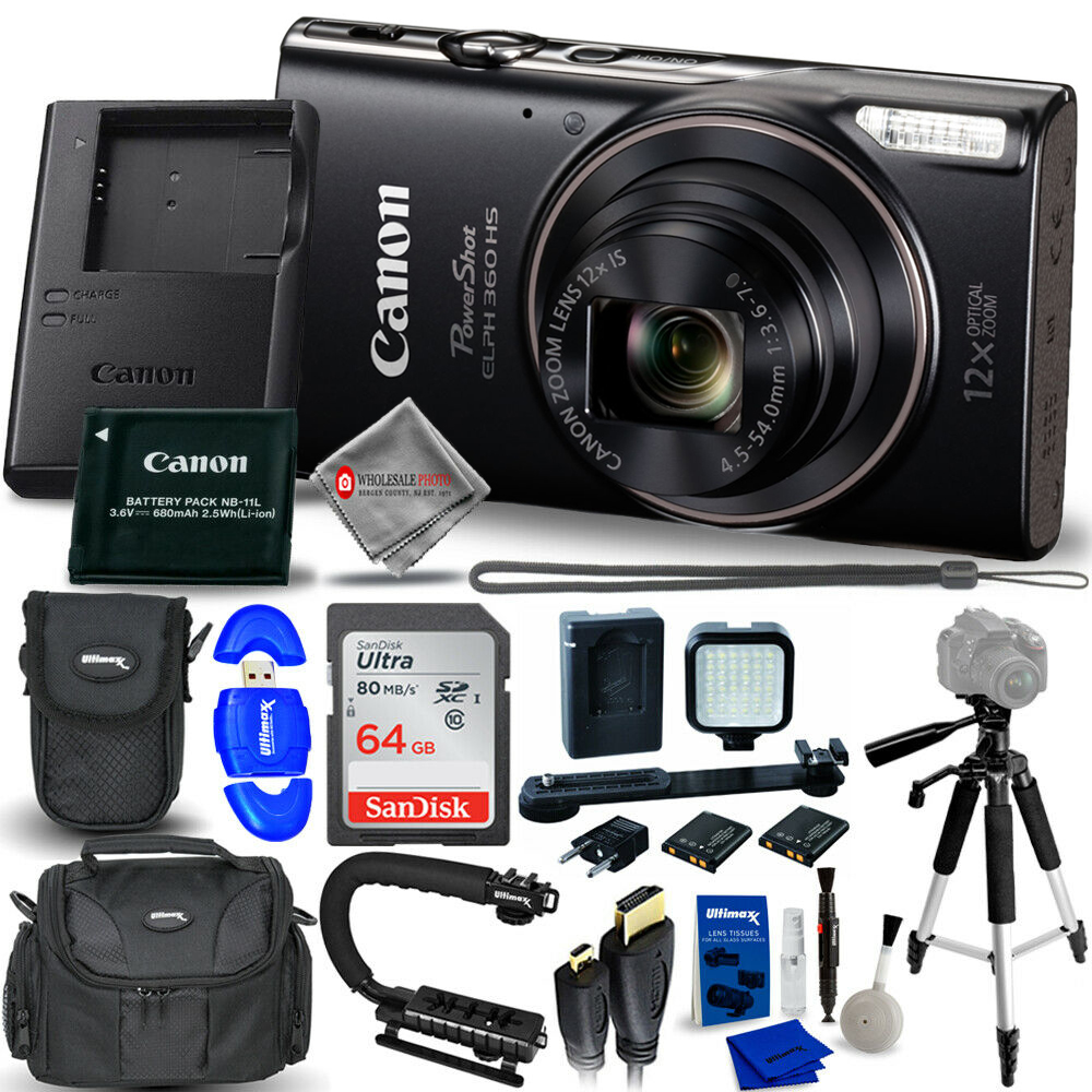 Canon PowerShot ELPH 360 HS Digital Camera (Black) 64GB Kit
