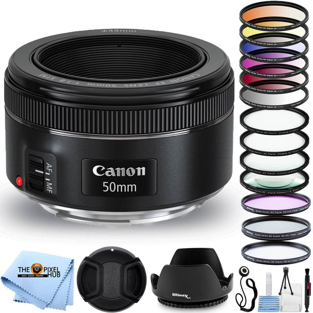 Canon EF 50mm f/1.8 STM Lens + 6PC Filter Kit + Macro/Close Up Lenses